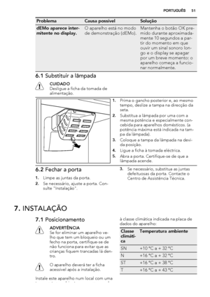 Page 51ProblemaCausa possívelSolução
dEMo aparece inter-
mitente no display.O aparelho está no modo
de demonstração (dEMo).Mantenha o botão OK pre-
mido durante aproximada-
mente 10 segundos a par-
tir do momento em que
ouvir um sinal sonoro lon-
go e o display se apagar
por um breve momento: o
aparelho começa a funcio-
nar normalmente.
6.1 Substituir a lâmpada
CUIDADO
Desligue a ficha da tomada de
alimentação.
1.Prima o gancho posterior e, ao mesmo
tempo, deslize a tampa na direcção da
seta.
2.Substitua a...