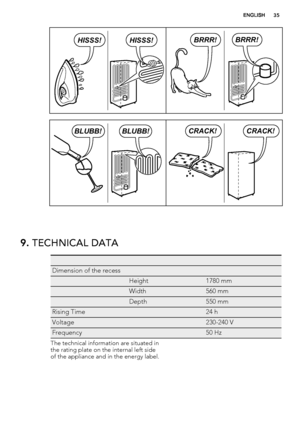 Page 35BRRR!BRRR!HISSS!HISSS!
BLUBB!BLUBB!CRACK!CRACK!
9. TECHNICAL DATA
   
Dimension of the recess  
 Height1780 mm
 Width560 mm
 Depth550 mm
Rising Time 24 h
Voltage 230-240 V
Frequency 50 Hz
The technical information are situated in
the rating plate on the internal left side
of the appliance and in the energy label.
ENGLISH35
 