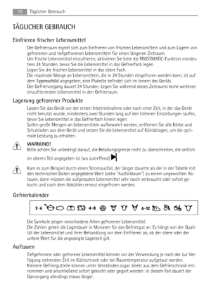 Page 78TÄGLICHER GEBRAUCH
Einfrieren frischer Lebensmittel
Der Gefrierraum eignet sich zum Einfrieren von frischen Lebensmitteln und zum Lagern von
gefrorenen und tiefgefrorenen Lebensmitteln für einen längeren Zeitraum.
Um frische Lebensmittel einzufrieren, aktivieren Sie bitte die FROSTMATIC-Funktion mindes-
tens 24 Stunden, bevor Sie die Lebensmittel in das Gefrierfach legen.
Legen Sie die frischen Lebensmittel in das obere Fach.
Die maximale Menge an Lebensmitteln, die in 24 Stunden eingefroren werden kann,...