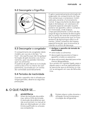 Page 495.2 Descongelar o frigorífico
O gelo é automaticamente eliminado do
evaporador do compartimento do frigo-
rífico sempre que o compressor motori-
zado pára, durante o funcionamento
normal. A água resultante da desconge-
lação é drenada por um canal para um
recipiente especial colocado na parte
posterior do aparelho, sobre o compres-
sor motorizado, onde evapora.
Limpe periodicamente o orifício de des-
carga da água resultante da descongela-
ção no centro do canal do compartimen-
to do frigorífico para...