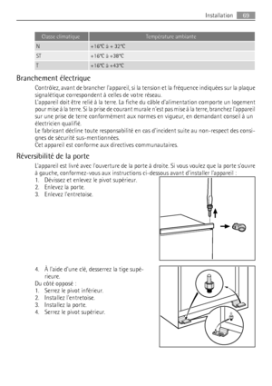 Page 69Classe climatiqueTempérature ambiante
N+16°C à + 32°C
ST+16°C à +38°C
T+16°C à +43°C
Branchement électrique
Contrôlez, avant de brancher lappareil, si la tension et la fréquence indiquées sur la plaque
signalétique correspondent à celles de votre réseau.
Lappareil doit être relié à la terre. La fiche du câble dalimentation comporte un logement
pour mise à la terre. Si la prise de courant murale nest pas mise à la terre, branchez lappareil
sur une prise de terre conformément aux normes en vigueur, en...