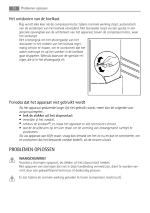 Page 24Het ontdooien van de koelkast
Rijp wordt elke keer als de compressormotor tijdens normale werking stopt, automatisch
van de verdamper van het koelvak verwijderd. Het dooiwater loopt via een gootje in een
speciale opvangbak aan de achterkant van het apparaat, boven de compressormotor, waar
het verdampt.
Het is belangrijk om het afvoergaatje van het
dooiwater in het midden van het koelvak regel-
matig schoon te maken, om te voorkomen dat het
water overloopt en op het voedsel in de koelkast
gaat druppelen....