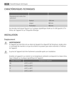 Page 54CARACTÉRISTIQUES TECHNIQUES
   
Dimensions de la niche den-
castrement  
 Hauteur1030 mm
 Largeur560 mm
 Profondeur550 mm
Les données techniques figurent sur la plaque signalétique située sur le côté gauche à lin-
térieur de lappareil et sur létiquette dénergie.
INSTALLATION
Emplacement
AVERTISSEMENT
Si lappareil qui doit être mis au rebut est équipé dun dispositif de fermeture, rendez celui-
ci inutilisable de manière à ce que les enfants ne puissent pas rester enfermés à lintérieur
de lappareil.
La...