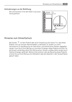 Page 15Anforderungen an die Belüftung
Die Luftzirkulation hinter dem Gerät muss ausrei-
chend groß sein.
Hinweise zum Umweltschutz
Das Symbol    auf dem Produkt oder seiner Verpackung weist darauf hin, dass dieses
Produkt nicht als normaler Haushaltsabfall zu behandeln ist, sondern an einem
Sammelpunkt für das Recycling von elektrischen und elektronischen Geräten abgegeben
werden muss. Durch Ihren Beitrag zum korrekten Entsorgen dieses Produkts schützen Sie
die Umwelt und die Gesundheit Ihrer Mitmenschen....