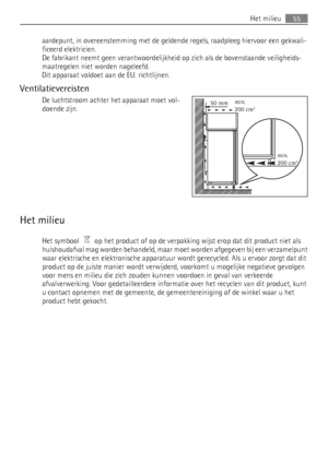 Page 55aardepunt, in overeenstemming met de geldende regels, raadpleeg hiervoor een gekwali-
ficeerd elektricien.
De fabrikant neemt geen verantwoordelijkheid op zich als de bovenstaande veiligheids-
maatregelen niet worden nageleefd.
Dit apparaat voldoet aan de EU. richtlijnen.
Ventilatievereisten
De luchtstroom achter het apparaat moet vol-
doende zijn.
Het milieu
Het symbool    op het product of op de verpakking wijst erop dat dit product niet als
huishoudafval mag worden behandeld, maar moet worden...