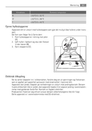Page 67KlimaklasseRommets temperatur
N+16 °C til + 32 °C
ST+16 °C til + 38 °C
T+16 °C til + 43 °C
Fjerne hyllestopperne
Apparatet ditt er utstyrt med hyllestoppere som gjør det mulig å låse hyllene under trans-
port.
Gå frem som følger for å fjerne dem:
1. Flytt hyllestopperne i retning mot pilen
(A).
2. Løft hyllen i bakkant og skyv den forover
til den løsner (B).
3. Fjern stopperne (C).
Elektrisk tilkopling
Før du setter støpselet inn i stikkontakten, forsikre deg om at spenningen og frekvensen
som er oppført...