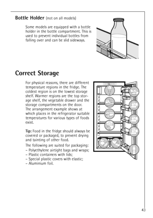 Page 1743
Bottle Holder (not on all models)
Some models are equipped with a bottle
holder in the bottle compartment. This is
used to prevent individual bottles from
falling over and can be slid sideways.
Correct Storage
For physical reasons, there are different
temperature regions in the fridge. The
coldest region is on the lowest storage
shelf. Warmer regions are the top stor-
age shelf, the vegetable drawer and the
storage compartments on the door.
The arrangement example shows at
which places in the...