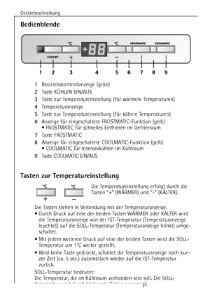 Page 12
Bedienblende

GerŠtebeschreibung
12

1
Bestriebskontrollanzeige (grŸn)

2
Taste K†HLEN EIN/AUS

3
Taste zur Temperatureinstellung (fŸr wŠrmere Temperaturen)

4
Temperaturanzeige

5
Taste zur Temperatureinstellung (fŸr kŠltere Temperaturen)

6
Anzeige fŸr eingeschaltete FROSTMATIC-Funktion (gelb)
¥ FROSTMATIC fŸr schnelles Einfrieren im Gefrier raum

7
Taste FROSTMATIC

8
Anzeige fŸr eingeschaltete COOLMATIC-Funktion (gelb)
¥ COOLMATIC fŸr IntensivkŸhlen im KŸhlraum

9
Taste COOLMATIC EIN/AUS

Tasten zur...