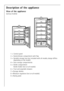 Page 1032
Description of the appliance
View of the appliance
(various models)
1 = Control panel
2 = Butter/cheese compartment with flap
3 = Variable storage box (not included with all models, design differs 
depending on the model)
4 = Door storage compartments
5 = Bottle compartment
Bottle holder (not on all models)
6 = Fruit and vegetable drawers
7 = Storage shelves
8 = Moisture regulation (not on all models)
9 = Rating plate
 