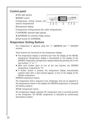 Page 30Control panel
APilot light (green)
BON/OFF switch
CTemperature setting buttons (for
warmer temperatures)
DTemperature display
ETemperature setting buttons (for colder temperatures)
FSUPERCOOL indicator light (yellow)
SUPERCOOL for intensive fridge cooling
GPush button for SUPERCOOL
Temperature Setting Buttons
The temperature is adjusted using the + (WARMER) and - (COLDER)
buttons.
These buttons are connected to the temperature display.
The temperature display is switched over from the display of the...