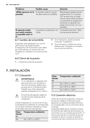 Page 58ProblemaPosible causaSolución
 dEMo aparece en la
pantalla.El aparato está en modo
de demostración (dEMo).Mantenga pulsada aproxi-
madamente 10 s la tecla
OK; se escucha un largo
sonido de la señal acústica
y la pantalla se apaga bre-
vemente: el aparato em-
pieza a funcionar con nor-
malidad.
El aparato emite
una señal acústica.
La pantalla está ro-
ja.La puerta no está bien ce-
rrada.Consulte la sección "Alar-
ma de puerta abierta".
6.1 Cambio de la bombilla
El aparato está equipado con una...