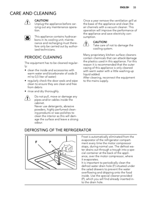 Page 33CARE AND CLEANING
CAUTION!
Unplug the appliance before car-
rying out any maintenance opera-
tion.
This appliance contains hydrocar-
bons in its cooling unit; mainte-
nance and recharging must there-
fore only be carried out by author-
ized technicians.
PERIODIC CLEANING
The equipment has to be cleaned regular-
ly:
• clean the inside and accessories with
warm water and bicarbonate of soda (5
ml to 0,5 liter of water)
• regularly check the door seals and wipe
clean to ensure they are clean and free
from...