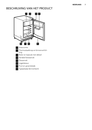 Page 7BESCHRIJVING VAN HET PRODUCT
1234
5678
1Vriesruimte
2Thermostaatknop en binnenverlich-
ting
3Boter en kaasvak met deksel
4Variabel bewaarvak
5Flessenrek
6Legplateaus
7Fruit en groentelade
8Typeplaatje (binnenkant)
NEDERLANDS7
 