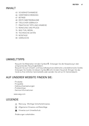 Page 61INHALT
63 SICHERHEITSHINWEISE
66 GERÄTEBESCHREIBUNG
67 BETRIEB
68 ERSTE INBETRIEBNAHME
69 TÄGLICHER GEBRAUCH
71 PRAKTISCHE TIPPS UND HINWEISE
73 REINIGUNG UND PFLEGE
76 WAS TUN, WENN …
78 TECHNISCHE DATEN
79 MONTAGE
80 GERÄUSCHE
 
UMWELTTIPPS
Recyceln Sie Materialien mit dem Symbol  . Entsorgen Sie die Verpackung in den
entsprechenden Recyclingbehältern.
Recyceln Sie zum Umwelt- und Gesundheitsschutz elektrische und elektronische Geräte.
Entsorgen Sie Geräte mit diesem Symbol 
 nicht mit dem Hausmüll....