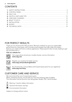 Page 2CONTENTS
1.SAFETY INSTRUCTIONS . . . . . . . . . . . . . . . . . . . . . . . . . . . . . . . . . . . . . . . . . . . . . . . . . . . . . .  3
2.CONTROL PANEL . . . . . . . . . . . . . . . . . . . . . . . . . . . . . . . . . . . . . . . . . . . . . . . . . . . . . . . . . . .  5
3.DAILY USE . . . . . . . . . . . . . . . . . . . . . . . . . . . . . . . . . . . . . . . . . . . . . . . . . . . . . . . . . . . . . . . . .  7
4.HELPFUL HINTS AND TIPS . . . . . . . . . . . . . . . . . . . . . . . . . . . . . ....