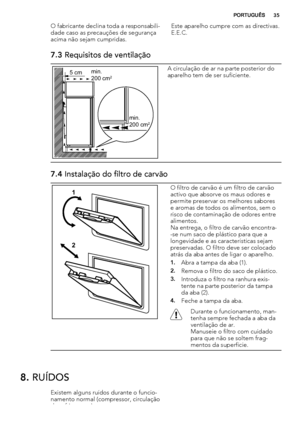 Page 35O fabricante declina toda a responsabili-
dade caso as precauções de segurança
acima não sejam cumpridas.Este aparelho cumpre com as directivas.
E.E.C.
7.3 Requisitos de ventilação
5 cmmin.
200 cm2
min.
200 cm2
A circulação de ar na parte posterior do
aparelho tem de ser suficiente.
7.4 Instalação do filtro de carvão
1
2
O filtro de carvão é um filtro de carvão
activo que absorve os maus odores e
permite preservar os melhores sabores
e aromas de todos os alimentos, sem o
risco de contaminação de odores...