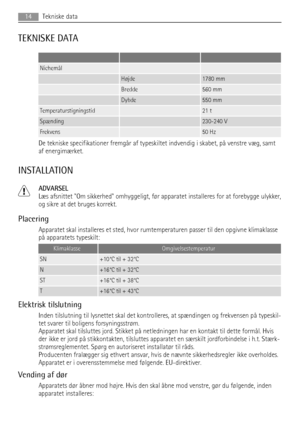 Page 14TEKNISKE DATA
   
Nichemål  
 Højde1780 mm
 Bredde560 mm
 Dybde550 mm
Temperaturstigningstid 21 t
Spænding 230-240 V
Frekvens 50 Hz
De tekniske specifikationer fremgår af typeskiltet indvendig i skabet, på venstre væg, samt
af energimærket.
INSTALLATION
ADVARSEL
Læs afsnittet Om sikkerhed omhyggeligt, før apparatet installeres for at forebygge ulykker,
og sikre at det bruges korrekt.
Placering
Apparatet skal installeres et sted, hvor rumtemperaturen passer til den opgivne klimaklasse
på apparatets...