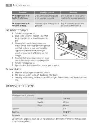 Page 34ProbleemMogelijke oorzaakOplossing
De temperatuur in de
koelkast is te hoog.Er is geen koude luchtcirculatie
in het apparaat aanwezig.Zorg ervoor dat er koude luchtcir-
culatie in het apparaat aanwezig
is.
De temperatuur in de
vriezer is te hoog.Producten zijn te dicht op elkaar
geplaatst.Berg de producten zo op dat er
een koude luchtcirculatie is.
Het lampje vervangen
1. Schakel het apparaat uit.
2. Druk op de achterste haak en schuif het
kapje tegelijkertijd in de richting van de
pijl.
3. Vervang het...