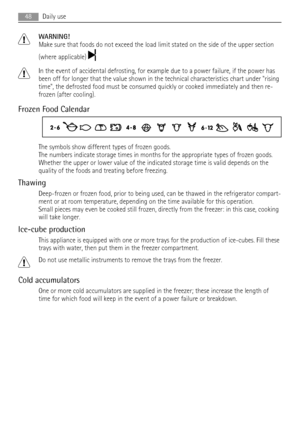 Page 48WARNING!
Make sure that foods do not exceed the load limit stated on the side of the upper section
(where applicable) 
In the event of accidental defrosting, for example due to a power failure, if the power has
been off for longer that the value shown in the technical characteristics chart under rising
time, the defrosted food must be consumed quickly or cooked immediately and then re-
frozen (after cooling).
Frozen Food Calendar
The symbols show different types of frozen goods.
The numbers indicate...