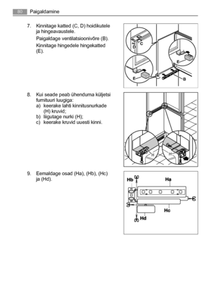 Page 807. Kinnitage katted (C, D) hoidikutele
ja hingeavaustele.
Paigaldage ventilatsioonivõre (B).
Kinnitage hingedele hingekatted
(E).
8. Kui seade peab ühenduma küljetsi
furnituuri luugiga:
a) keerake lahti kinnitusnurkade
(H) kruvid;
b) liigutage nurki (H);
c) keerake kruvid uuesti kinni.
9. Eemaldage osad (Ha), (Hb), (Hc)
ja (Hd).
BE
E
DC
HH
80
Paigaldamine
 