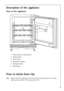 Page 17
17

Description of the appliance
View of the appliance

1 Butter/cheese compartment
2 Sliding shelf
3 Bottle shelf
4 Vegetable drawers
5 Storage shelves
6Thermostat

Prior to Initial StartÐUp

Please clean the appliance interior and all accessories prior to initial\
start-up (see section: ÒCleaning and CareÓ).
+

À
Á
Â
Ã Ä Å
 