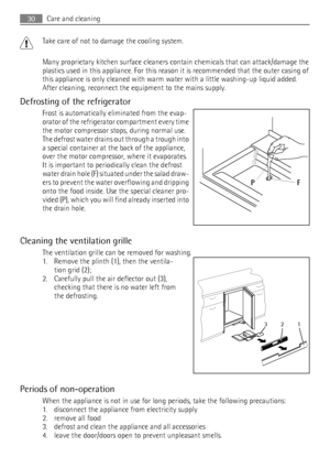 Page 30Take care of not to damage the cooling system.
Many proprietary kitchen surface cleaners contain chemicals that can attack/damage the
plastics used in this appliance. For this reason it is recommended that the outer casing of
this appliance is only cleaned with warm water with a little washing-up liquid added.
After cleaning, reconnect the equipment to the mains supply.
Defrosting of the refrigerator
Frost is automatically eliminated from the evap-
orator of the refrigerator compartment every time
the...