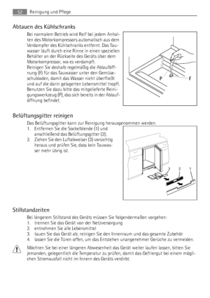 Page 52Abtauen des Kühlschranks
Bei normalem Betrieb wird Reif bei jedem Anhal-
ten des Motorkompressors automatisch aus dem
Verdampfer des Kühlschranks entfernt. Das Tau-
wasser läuft durch eine Rinne in einen speziellen
Behälter an der Rückseite des Geräts über dem
Motorkompressor, wo es verdampft.
Reinigen Sie deshalb regelmäßig die Ablauföff-
nung (F) für das Tauwasser unter den Gemüse-
schubladen, damit das Wasser nicht überfließt
und auf die darin gelagerten Lebensmittel tropft.
Benutzen Sie dazu bitte...