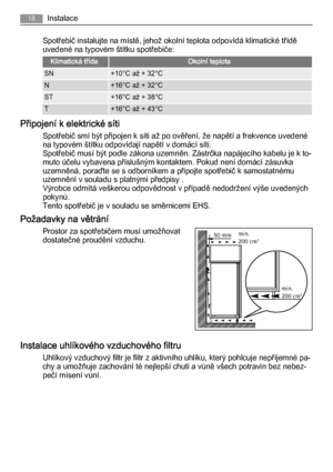 Page 18Spotřebič instalujte na místě, jehož okolní teplota odpovídá klimatické třídě
uvedené na typovém štítku spotřebiče:
Klimatická třídaOkolní teplota
SN+10°C až + 32°C
N+16°C až + 32°C
ST+16°C až + 38°C
T+16°C až + 43°C
Připojení k elektrické síti
Spotřebič smí být připojen k síti až po ověření, že napětí a frekvence uvedené
na typovém štítku odpovídají napětí v domácí síti.
Spotřebič musí být podle zákona uzemněn. Zástrčka napájecího kabelu je k to‐
muto účelu vybavena příslušným kontaktem. Pokud není...