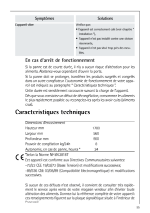 Page 5555
En cas d’arrêt de fonctionnement
Si la panne est de courte durée, il n’y a aucun risque d’altération pour les
aliments. Abstenez-vous cependant d’ouvrir la porte.
Si la panne doit se prolonger, transférez les produits surgelés et congelés
dans un autre congélateur. L’autonomie de fonctionnement de votre appa-
reil est indiquée au paragraphe “ Caractéristiques techniques ”. 
Cette durée est sensiblement raccourcie suivant la charge de l’appareil.
Dès que vous constatez un début de décongélation,...