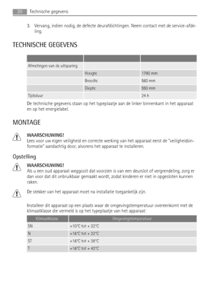 Page 203. Vervang, indien nodig, de defecte deurafdichtingen. Neem contact met de service-afde-
ling.
TECHNISCHE GEGEVENS
   
Afmetingen van de uitsparing  
 Hoogte1780 mm
 Breedte560 mm
 Diepte550 mm
Tijdsduur 24 h
De technische gegevens staan op het typeplaatje aan de linker binnenkant in het apparaat
en op het energielabel.
MONTAGE
WAARSCHUWING!
Lees voor uw eigen veiligheid en correcte werking van het apparaat eerst de veiligheidsin-
formatie aandachtig door, alvorens het apparaat te installeren....