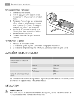 Page 62Remplacement de lampoule
1. Mettez lappareil à larrêt.
2. Tout en appuyant sur le crochet arrière,
faites glisser le diffuseur dans le sens de la
flèche.
3. Remplacez lampoule par une ampoule de
même puissance spécifiquement conçue
pour les appareils ménagers (la puissance
maximale est indiquée sur lampoule).
4. Installez le diffuseur de lampoule en le
faisant glisser dans sa position dorigine.
5. Mettez lappareil en marche.
6. Ouvrez la porte. Vérifiez que lampoule
sallume.
Fermeture de la porte
1....