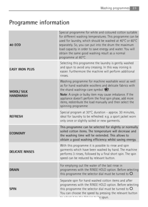 Page 23
23
WOOL/ SILK
HANDWASH
Washing programme for machine washable wool as well
as for hand washable woollens and delicate fabrics with
the «hand washing» care symbol  .
Note: A single or bulky item may cause imbalance. If the
appliance doesn’t perform the final spin phase, add more
items, redistribute the load manually and then select the
spinning programme

ECONOMY
This programme can be selected for slightly or normally
soiled cotton items. The temperature will decrease and
the washing time will be...