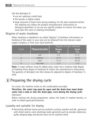 Page 28
28
Use less detergent if: you are washing a small load,
 the laundry is lightly soiled,
 large amounts of foam form during washing. For the stain treatment before the washing cycl, follow the product manufacturers’ instructions on
detergent quantities. If you use any specific product to remove the stains, you
must start the cycle of washing immediately .
Degrees of water hardness
Water hardness is classified in so-called “degrees” of hardness. Information on
hardness of the water in your area can be...