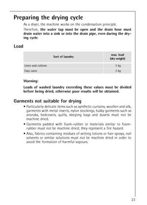 Page 2323
Preparing the drying cycle
As a dryer, the machine works on the condensation principle.
Therefore,the water tap must be open and the drain hose must
drain water into a sink or into the drain pipe, even during the dry-
ing cycle.
Load
Warning:
Loads of washed laundry exceeding these values must be divided
before being dried, otherwise poor results will be obtained.
Garments not suitable for drying
 Particularly delicate items such as synthetic curtains, woollen and silk,
garments with metal inserts,...