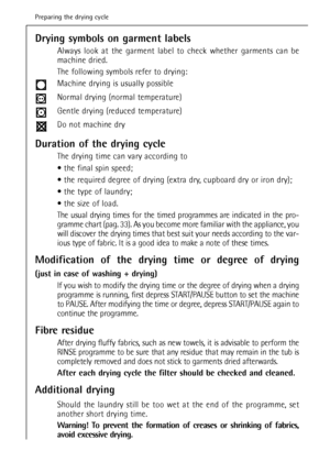 Page 24Drying symbols on garment labels
Always look at the garment label to check whether garments can be
machine dried. 
The following symbols refer to drying:
Machine drying is usually possible
Normal drying (normal temperature)
Gentle drying (reduced temperature)
Do not machine dry
Duration of the drying cycle
The drying time can vary according to 
 the final spin speed;
 the required degree of drying (extra dry, cupboard dry or iron dry);
 the type of laundry;
 the size of load.
The usual drying times...