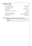 Page 43Technical data
Height x Width x Depth 84x60x60 cm
Depth with door opened  101.5 cm
Height adjustment  ± 10 mm approx.
Net weight 84 kg approx.
Load (depending on programme)  6 kg
Use domestic
Drum speed during washing max. 55 rpm
Drum speed during spinning 1600/1200/900/700 rpm
Water pressure 0.05-0.8 MPa
This appliance complies with the following EC directives:
- 73/23/EEC of 19.2.1973 “Low voltage directive”, including directive
93 / 68 / EEC
- 89/336/EEC of 3.5.1989 “Electromagnetic Compatibility...