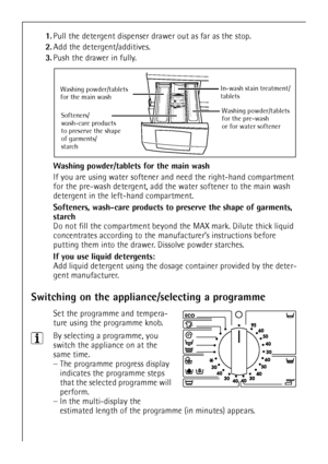 Page 1212
1.Pull the detergent dispenser drawer out as far as the stop.
2.Add the detergent/additives.
3.Push the drawer in fully.
Washing powder/tablets for the main wash 
If you are using water softener and need the right-hand compartment 
for the pre-wash detergent, add the water softener to the main wash 
detergent in the left-hand compartment.
Softeners, wash-care products to preserve the shape of garments, 
starch 
Do not fill the compartment beyond the MAX mark. Dilute thick liquid 
concentrates...