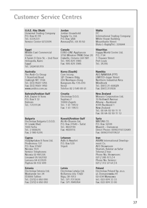 Page 3737
Customer Service Centres
U.A.E. Abu Dhabi
Universal Trading Company
P.O. Box 43 99
Tel.: 6335331
Service Center 6733974Jordan
Jordan Household
Supply Co. Ltd.
P. O.  Bo x  3 / 68
Amman/Tel.: 69 70 50Malta
ITC
International Trading Company
White House Building
Mountbatte Street
Blata L-Bajda/Tel.: 220644
Egypt
Middle East Commercial
Center
4 Salah El Dein St. - 2nd floor
Heliopolis, Kairo
Egypt
Tel.: 2024181719Canada
EURO-LINE Appliances
2150 Winston PARK Drive 20
Oakville, Ontario L6H 5V1
Tel.: 905...