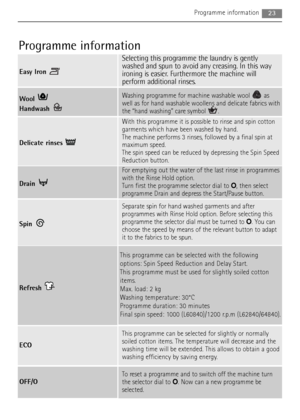 Page 2323Programme information
Refresh 
This programme can be selected with the following
options: Spin Speed Reduction and Delay Start.
This programme must be used for slightly soiled cotton
items.
Max. load: 2 kg
Washing temperature: 30°C
Programme duration: 30 minutes
Final spin speed: 1000 (L60840)/1200 r.p.m (L62840/64840).
ECO
This programme can be selected for slightly or normally
soiled cotton items. The temperature will decrease and the
washing time will be extended. This allows to obtain a good...