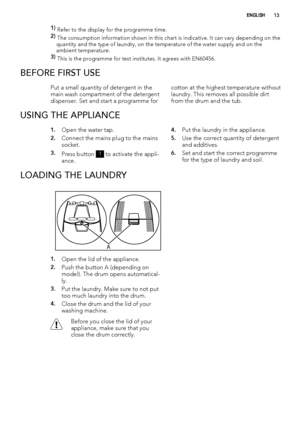 Page 131) 
Refer to the display for the programme time.
2) 
The consumption information shown in this chart is indicative. It can vary depending on the
quantity and the type of laundry, on the temperature of the water supply and on the
ambient temperature.
3) 
This is the programme for test institutes. It agrees with EN60456.
BEFORE FIRST USE
Put a small quantity of detergent in the
main wash compartment of the detergent
dispenser. Set and start a programme forcotton at the highest temperature without
laundry....