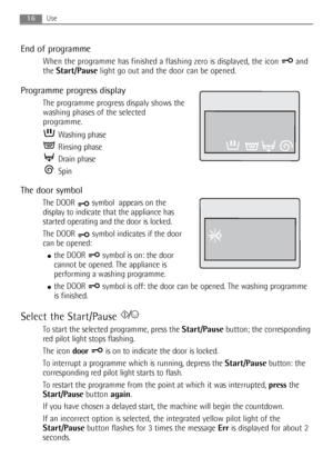 Page 16End of programme
When the programme has finished a flashing zero is displayed, the icon  and
the Start/Pauselight go out and the door can be opened.
Programme progress display
The programme progress dispaly shows the
washing phases of the selected
programme.
Washing phase
Rinsing phase
Drain phase
Spin
The door symbol
The DOOR symbol  appears on the
display to indicate that the appliance has
started operating and the door is locked.
The DOOR symbol indicates if the door
can be opened:
●the DOOR symbol is...