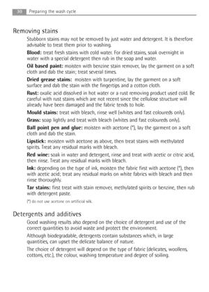 Page 30Removing stains
Stubborn stains may not be removed by just water and detergent. It is therefore
advisable to treat them prior to washing.
Blood:treat fresh stains with cold water. For dried stains, soak overnight in
water with a special detergent then rub in the soap and water.
Oil based paint:moisten with benzine stain remover, lay the garment on a soft
cloth and dab the stain; treat several times.
Dried grease stains:moisten with turpentine, lay the garment on a soft
surface and dab the stain with the...