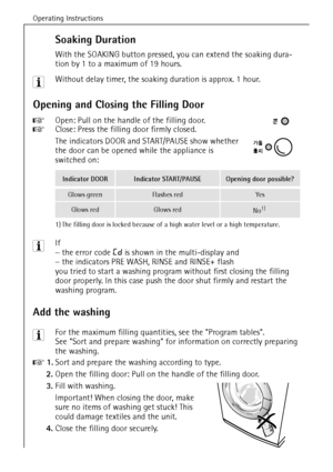 Page 22Operating Instructions
22
Soaking Duration
With the SOAKING button pressed, you can extend the soaking dura-
tion by 1 to a maximum of 19 hours.
3 Without delay timer, the soaking duration is approx. 1 hour.
Opening and Closing the Filling Door
0 Open: Pull on the handle of the filling door.
0 Close: Press the filling door firmly closed.
The indicators DOOR and START/PAUSE show whether 
the door can be opened while the appliance is 
switched on: 
3 If
–the error code Cd is shown in the multi-display and...