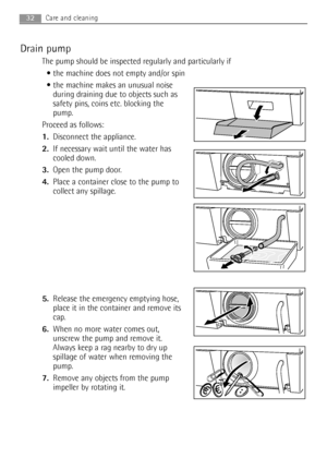 Page 32Drain pump
The pump should be inspected regularly and particularly if
 the machine does not empty and/or spin 
 the machine makes an unusual noise
during draining due to objects such as
safety pins, coins etc. blocking the
pump.
Proceed as follows:
1.Disconnect the appliance.
2.If necessary wait until the water has
cooled down. 
3.Open the pump door.
4.Place a container close to the pump to
collect any spillage.
5.Release the emergency emptying hose,
place it in the container and remove its
cap.
6.When...