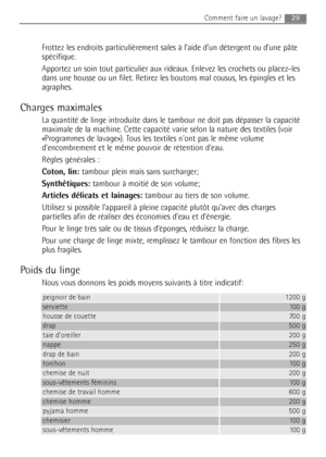 Page 29Frottez les endroits particulièrement sales à l’aide d’un détergent ou d’une pâte
spécifique.
Apportez un soin tout particulier aux rideaux. Enlevez les crochets ou placez-les
dans une housse ou un filet. Retirez les boutons mal cousus, les épingles et les
agraphes.
Charges maximales
La quantité de linge introduite dans le tambour ne doit pas dépasser la capacité
maximale de la machine. Cette capacité varie selon la nature des textiles (voir
«Programmes de lavage»). Tous les textiles nont pas le même...