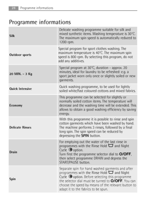 Page 2828Programme informations
Programme informations
Economy
This programme can be selected for slightly or
normally soiled cotton items. The temperature will
decrease and the washing time will be extended. This
allows to obtain a good washing efficiency by saving
energy.
Silk 
Delicate washing programme suitable for silk and
mixed synthetic items. Washing temperature is 30°C.
The maximum spin speed is automatically reduced to
1200 rpm.
Outdoor sports
Special program for sport clothes washing. The
maximum...