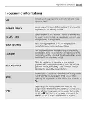 Page 2727Programme informations
Programme informations
ECONOMY
This programme can be selected for slightly or normally
soiled cotton items. The temperature will decrease and the
washing time will be extended. This allows to obtain a good
washing efficiency by saving energy.
SILKDelicate washing programme suitable for silk and mixed
synthetic items. 
OUTDOOR SPORTSSpecial program for sport clothes washing. By selecting this
programme, do not add any additives.
20 MIN. - 3KG
Special program at 30°C, duration -...