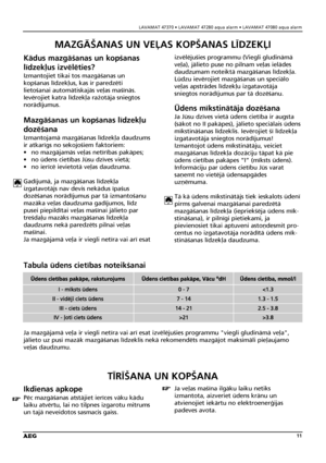 Page 11LAVAMAT 47370 • LAVAMAT 47280 aqua alarm • LAVAMAT 47080 aqua alarm
11
MAZGÅÍANAS UN VEÒAS KOPÍANAS LÈDZEKÒI
Kådus mazgåßanas un kopßanas
lîdzek¬us izvéléties?
Izmantojiet tikai tos mazgåßanas un
kopßanas lîdzek¬us, kas ir paredzéti
lietoßanai automåtiskajås ve¬as maßînås.
Ievérojiet katra lîdzek¬a raΩotåja sniegtos
norådîjumus.
Mazgåßanas un kopßanas lîdzek¬u
dozéßana
Izmantojamå mazgåßanas lîdzek¬a daudzums
ir atkarîgs no sekojoßiem faktoriem:
• no mazgåjamås ve¬as netîrîbas pakåpes;
• no üdens...