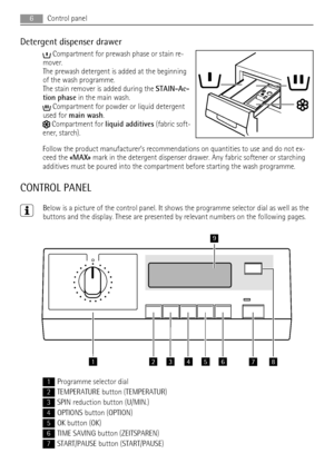 Page 6Detergent dispenser drawer
 Compartment for prewash phase or stain re-
mover.
The prewash detergent is added at the beginning
of the wash programme.
The stain remover is added during the STAIN-Ac-
tion phase in the main wash.
 Compartment for powder or liquid detergent
used for main wash.
 Compartment for liquid additives (fabric soft-
ener, starch).
Follow the product manufacturer’s recommendations on quantities to use and do not ex-
ceed the «MAX» mark in the detergent dispenser drawer. Any fabric...