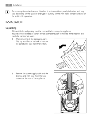 Page 32The consumption data shown on this chart is to be considered purely indicative, as it may
vary depending on the quantity and type of laundry, on the inlet water temperature and on
the ambient temperature.
INSTALLATION
Unpacking
All transit bolts and packing must be removed before using the appliance.
You are advised to keep all transit devices so that they can be refitted if the machine ever
has to be transported again.
1. After removing all the packaging, care-
fully lay machine on it’s back to remove...